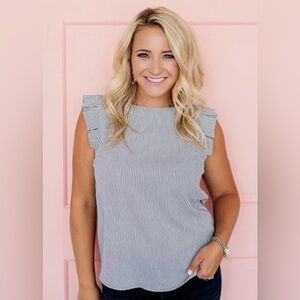 Jones New York Signature Charcoal & White Striped Ruffle Sleeveless Top XL EUC